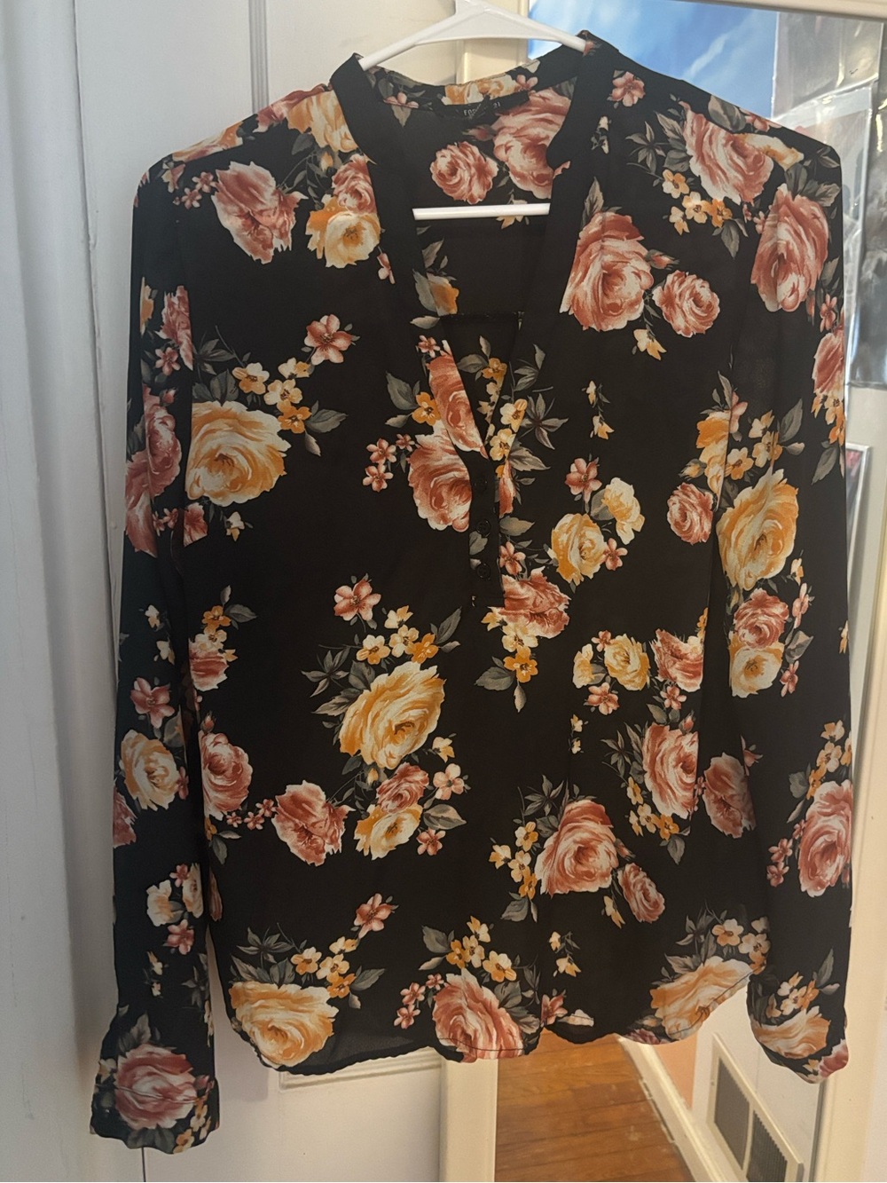 Forever 21 Black Floral Blouse with Orange and Pink Roses
